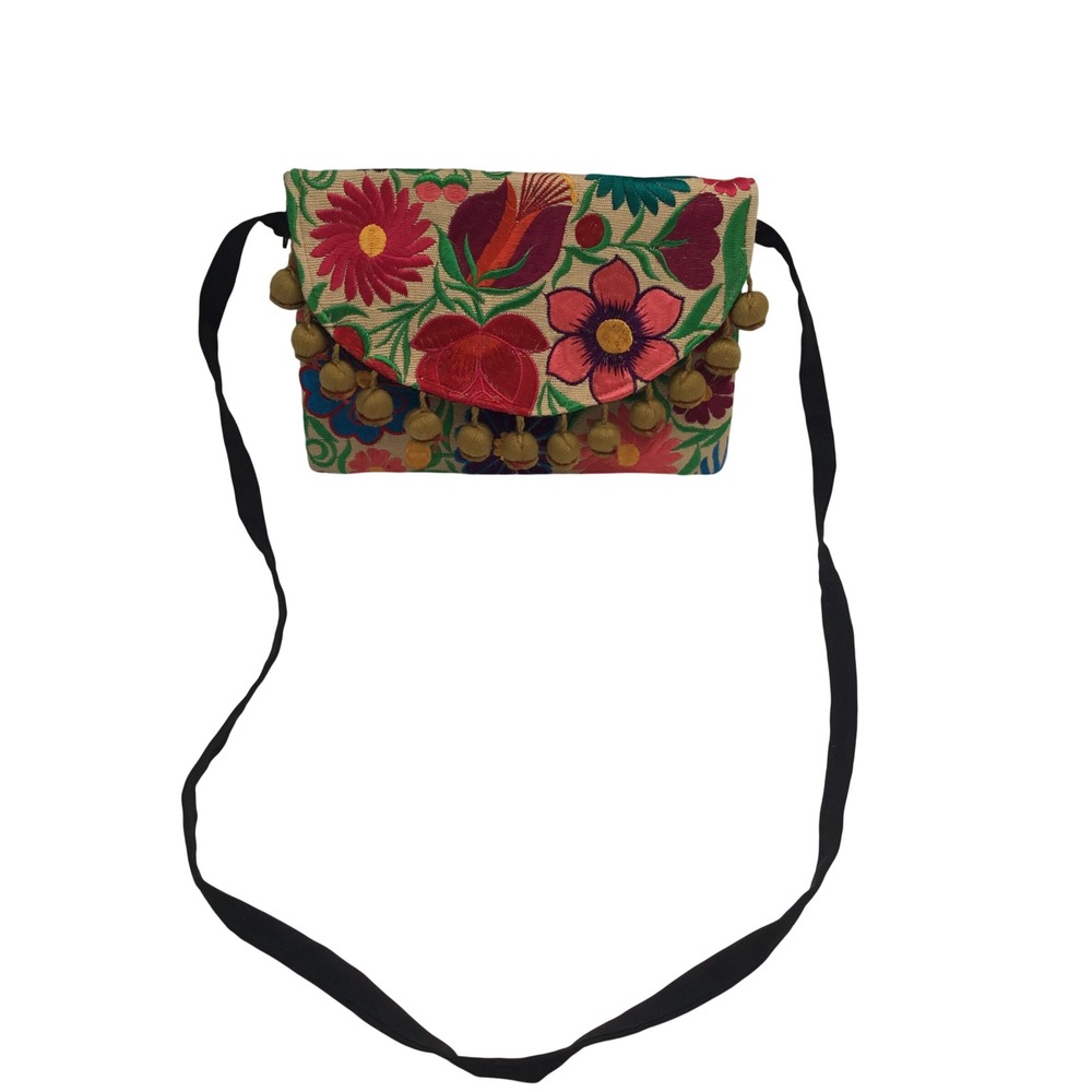 Handcrafted Floral embroidered Crossbody Bag Pom Trim Boho‎ Multi Color Handbag